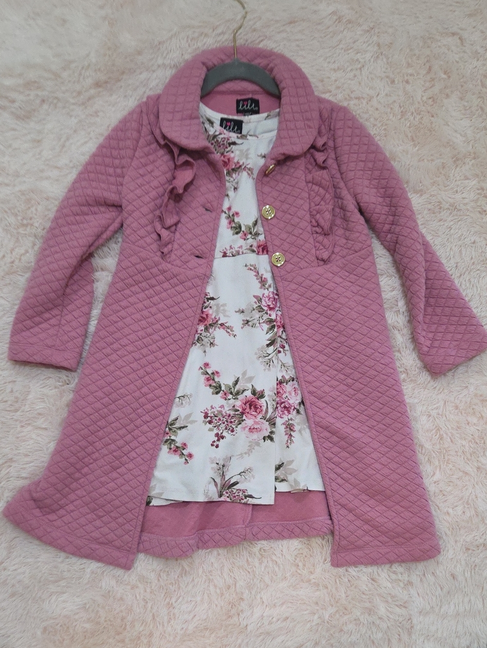 lilt Mauve Quilted Ruffle Pea Coat & Dress Set for Kids